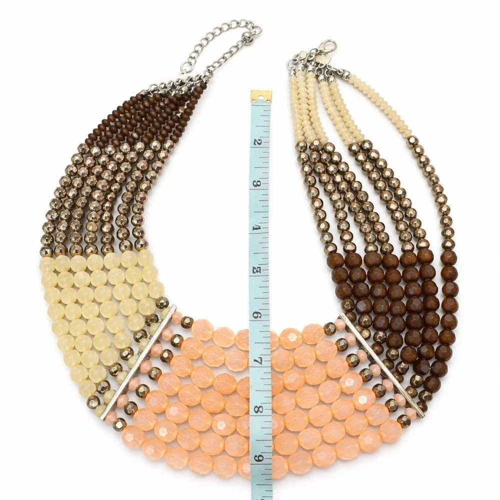 Statement‎ Multi-Strand Beaded Necklace Peach Cream Brown Bib Necklace Boho Glam